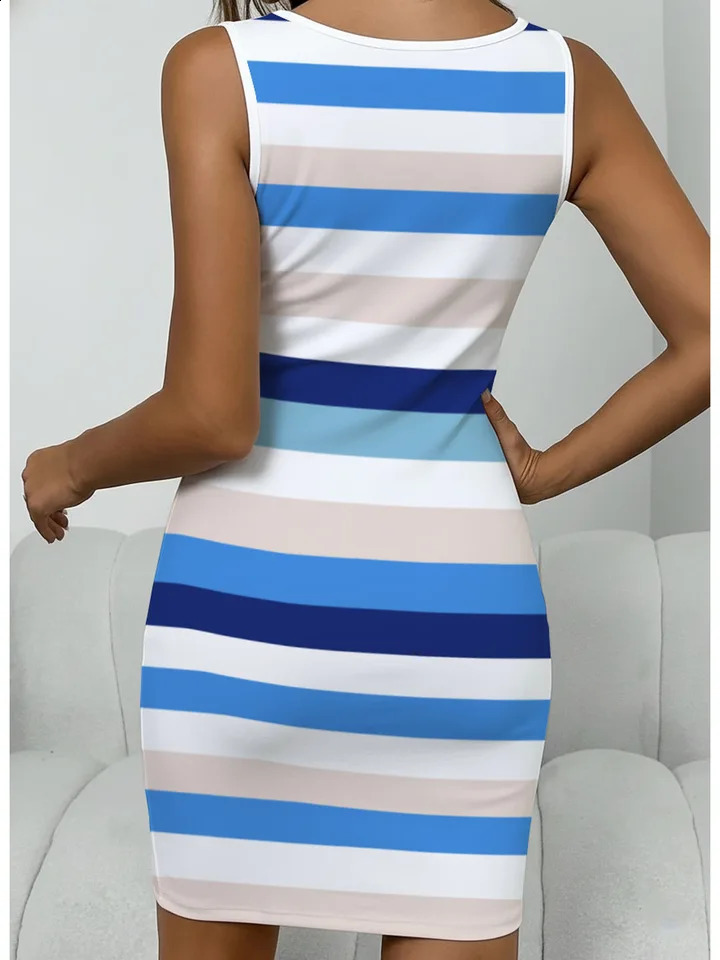 Summer casual and fashionable waist cinched square collar button wide striped sleeveless mid length dress 260625 - view 3