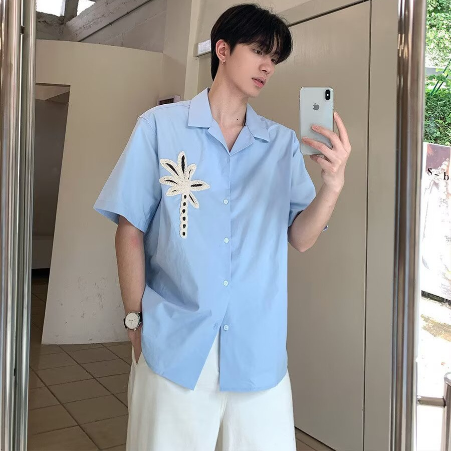 2026 New Trendy Brand Coconut Tree Solid Color Short Sleeve For Men, Fashionable, Stylish, Simple, Casual, Loose Fit Men's Shirt