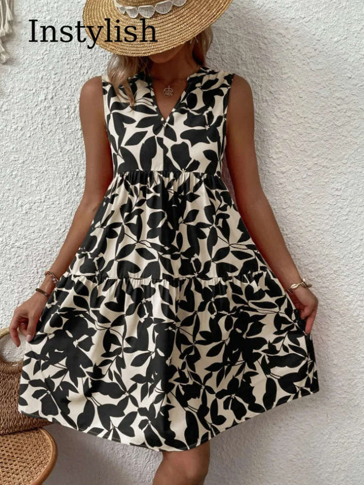 Women Boho Print Mini Dress Summer Elegant Sleeveless V Neck Ruffle A Line Tank Dress Casual Loose Oversize Beach Party Sundress 260626 - view 5