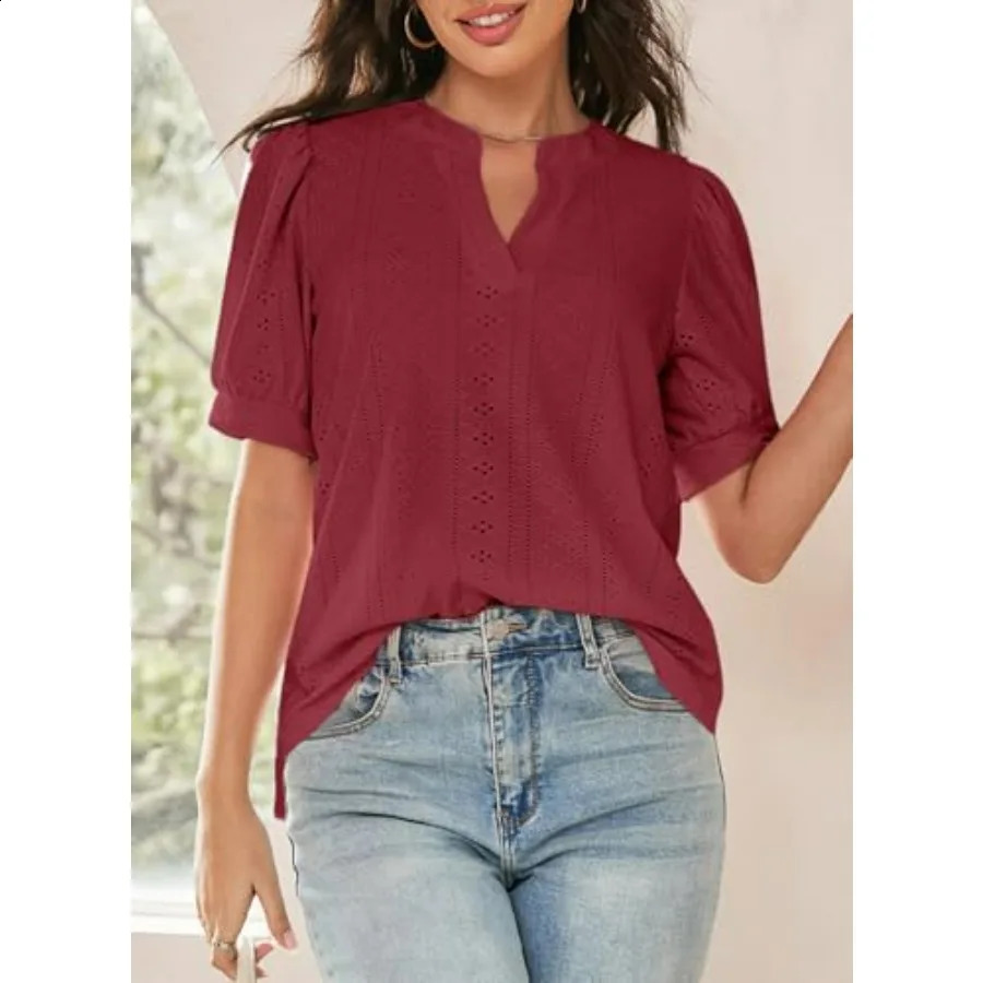 Dokotoo Womens Summer Business Casual Blouses V Neck Short Sleeve Shirts Eyelet Cute Lace Tops 260626 - view 4