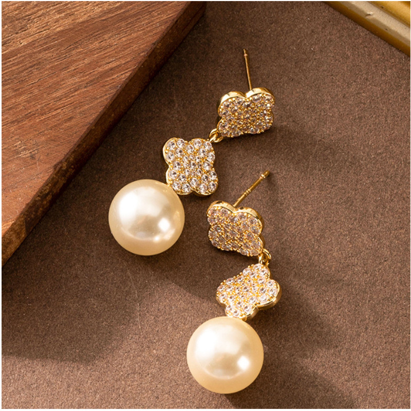 Earrings Fashionable And Exquisite Four Leaf Clover Pearl Tassel Earrings For Women Long Silver Needle Earrings Jewerly Designer For Women - view 4