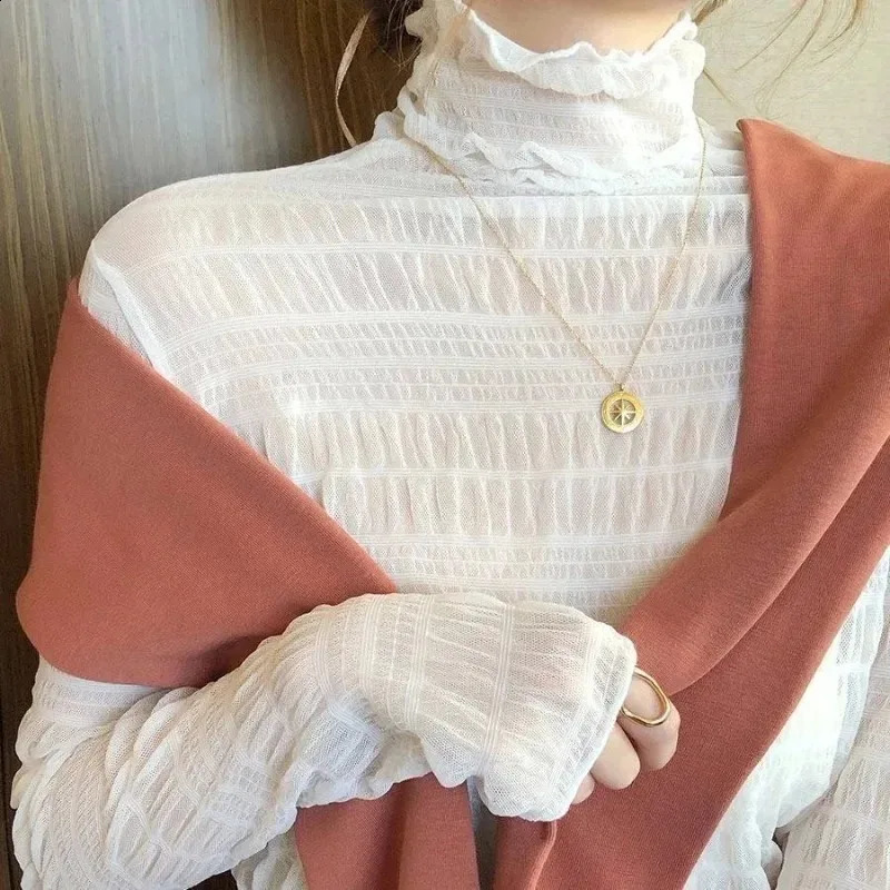 Women Floral Lace Shirt Spring Autumn Long Sleeve Sexy Mesh Bottoming Shirts Mock Neck Blouse T-Shirt Pullover Top 260626 - view 7