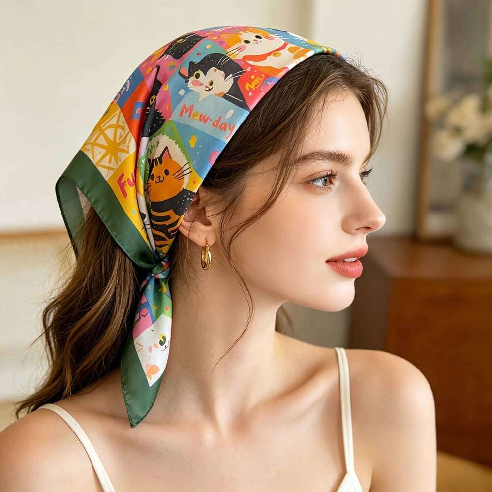 2026 New Imitation Silk Square Scarf Women Animal Cat Printed Fashion Accessories Hairband Foualrd Bandana Neckercheif 26Y06226 - view 3