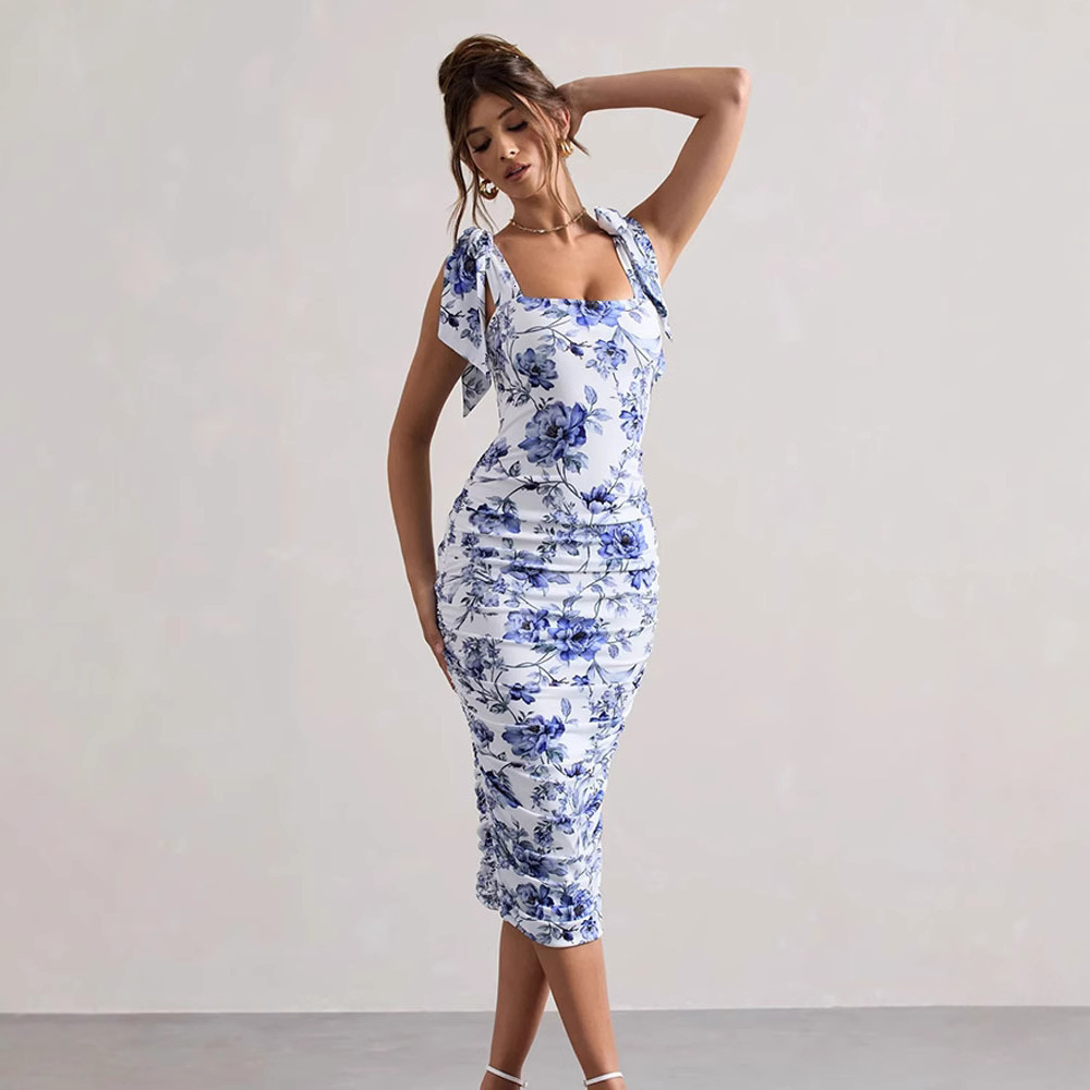 Womens Short Sleeve Mini Dress Womens Retro Printed Waist Cinch Slim Fit Summer Trend Casual Gown For Women Daily Beach Shopping Vacation Outfits - view 5