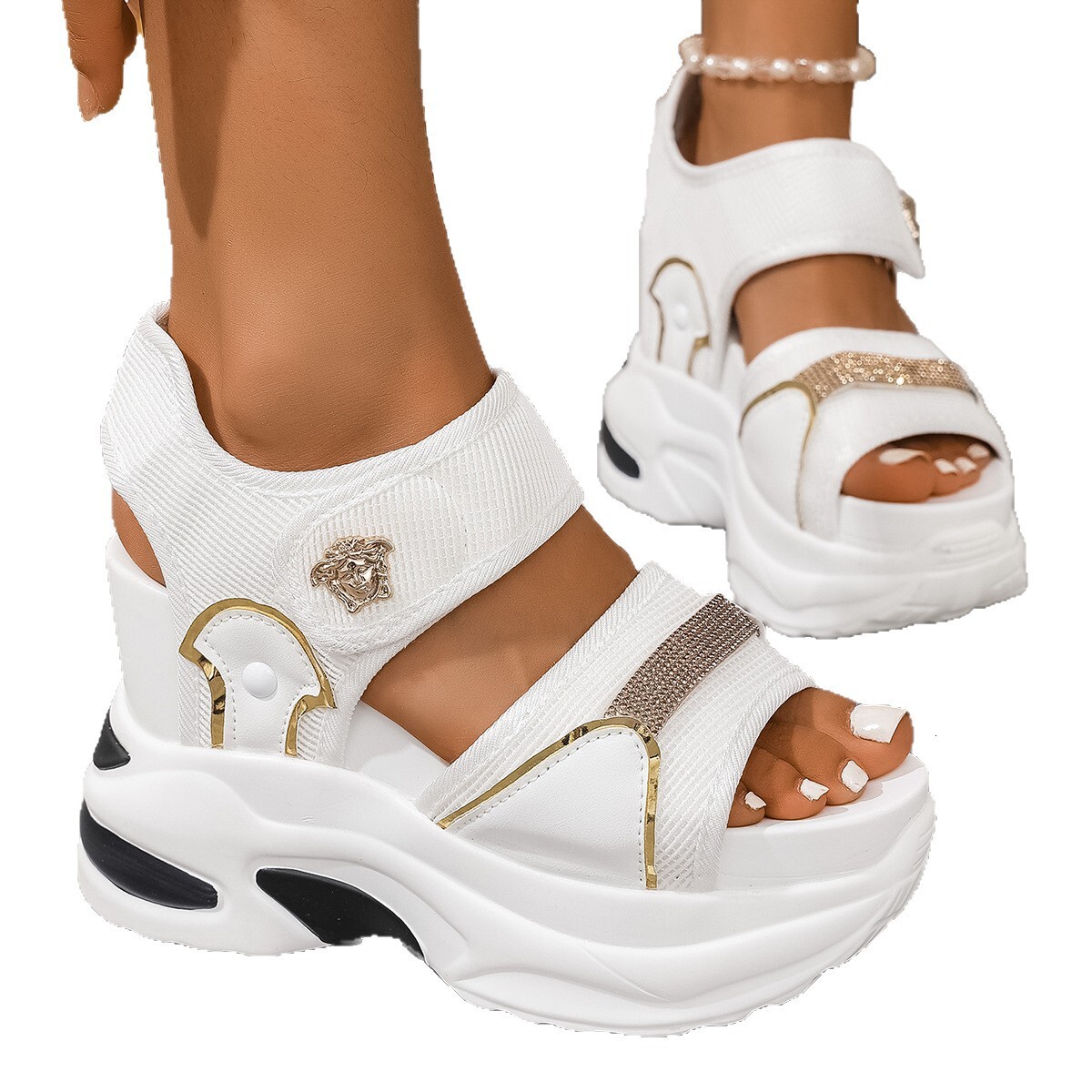 New Fashion Gold Metal Ornament Women Chunky Platform Sandals Bling Rhinestone Strap Sling Back Wedge Sandals Summer Outdoor Footwear - view 6