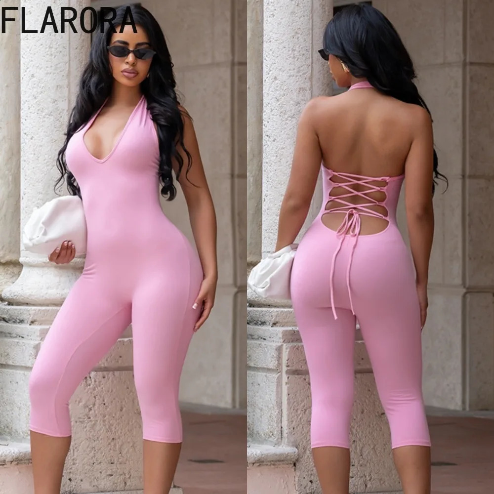 FLARORA Sexy Bandage Backless Jumpsuit Woman Solid Color Halter V Neck Sleeveless Skinny Peach Hip Romper tie Street Overalls 260626