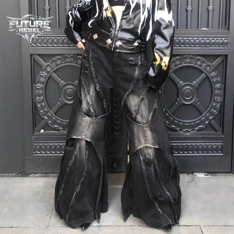 Y2K Heavy Duty Patchwork Distressed Denim Jeans Unisex Gothic Loose Flared Bell Vintage Hip Hop Washed Wide Leg Trendy Harajuku 260625