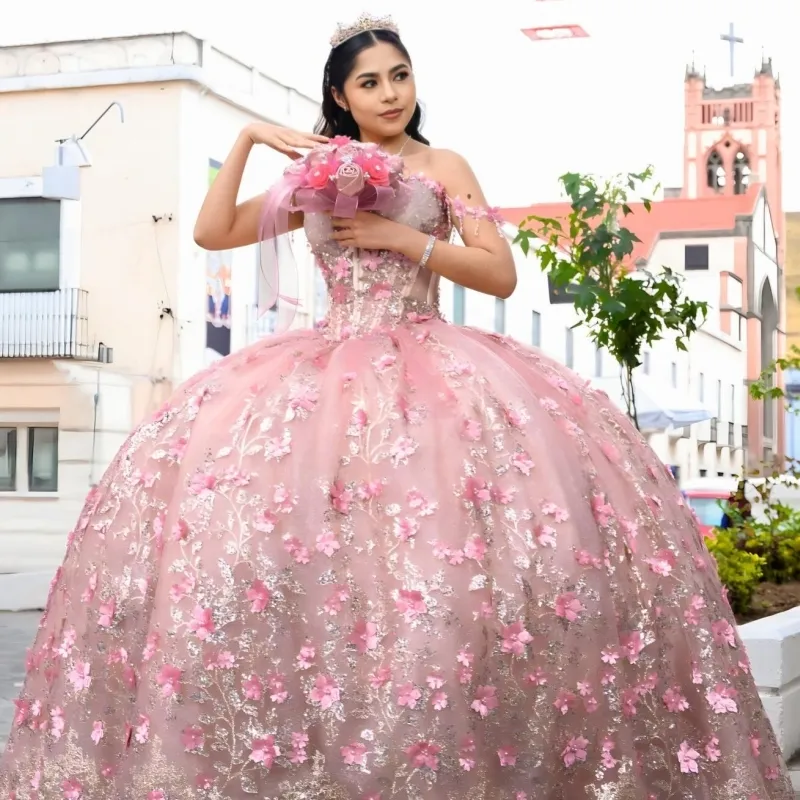 Rose pink strapless tassel shoulder fishbone corset mesh ball gown Quinceanera gentle princess dress - view 5