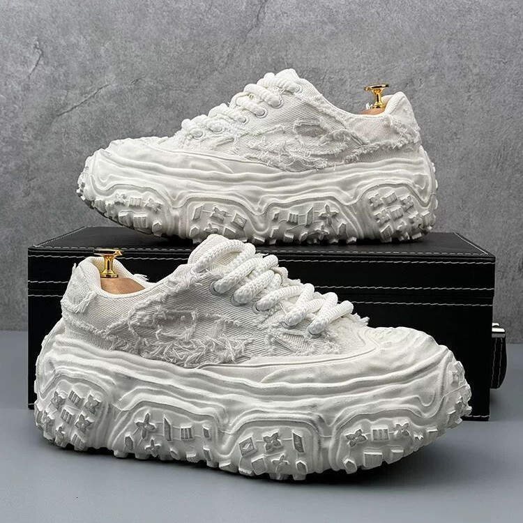 Vintage Frayed Denim Platform Sneakers Distressed Thick Sole Casual Shoes Rugged Tire Sole Lace Up Streetwear Fashion Trainers - view 3