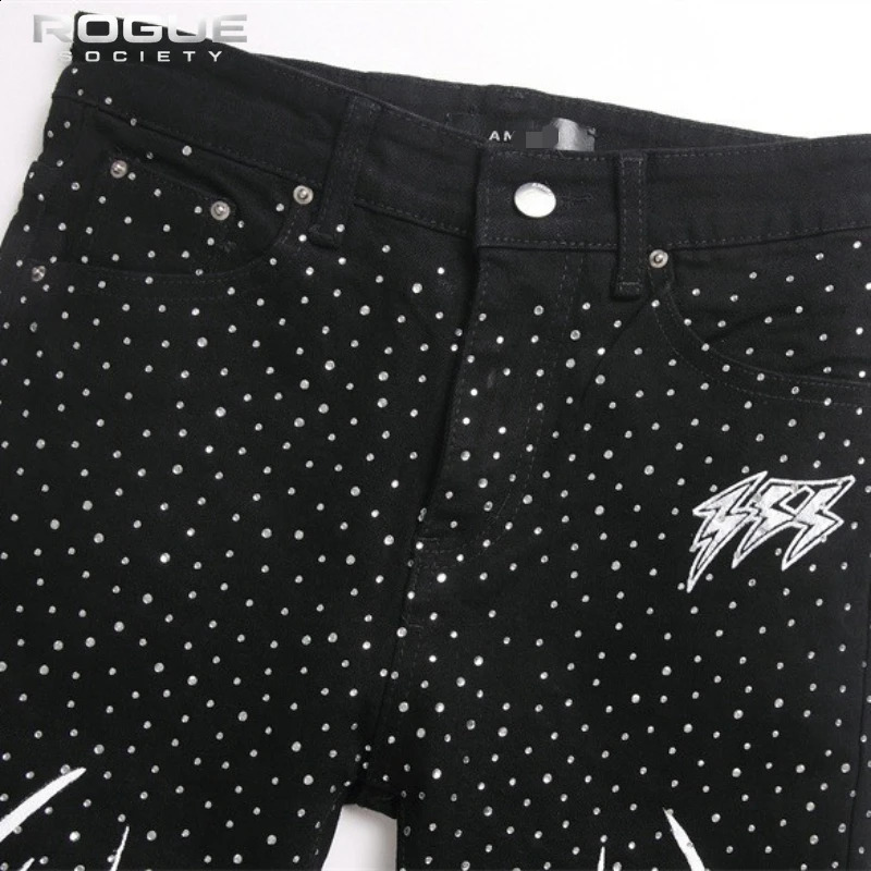 Punk Flame Rhinestone Jeans Men Harajuku Black High Street Elastic Streetwear Y2K Grunge HipHop Casual Denim Pants Unisex Edgy 260625 - view 4