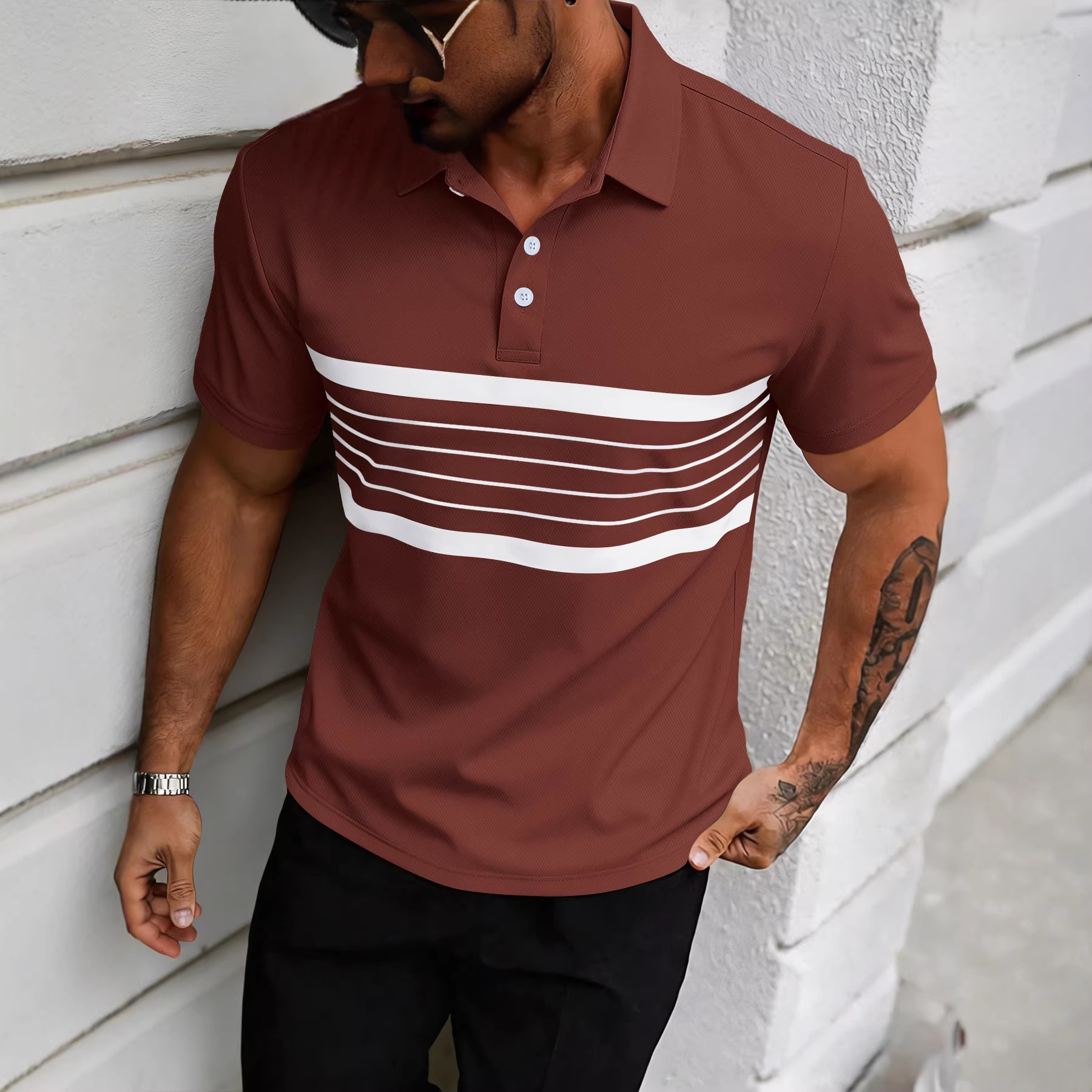2026 New Men's Fashion Casual POLO Shirt Summer V-Neck Buttoned Striped Versatile T-Shirt - view 3