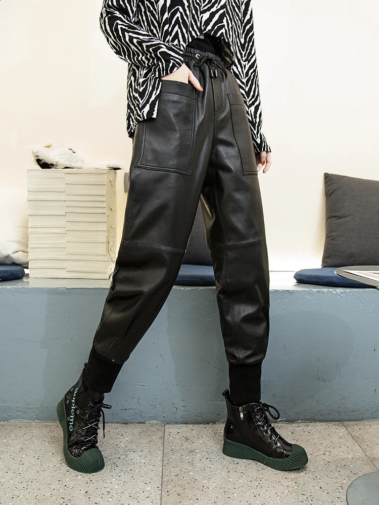 Fashion Spring Women Loose Fit Elastic Waist Boot Cut Cargo Pants Bikers Sheepskin Genuine Leather Casual Streetwear 260625 - view 5