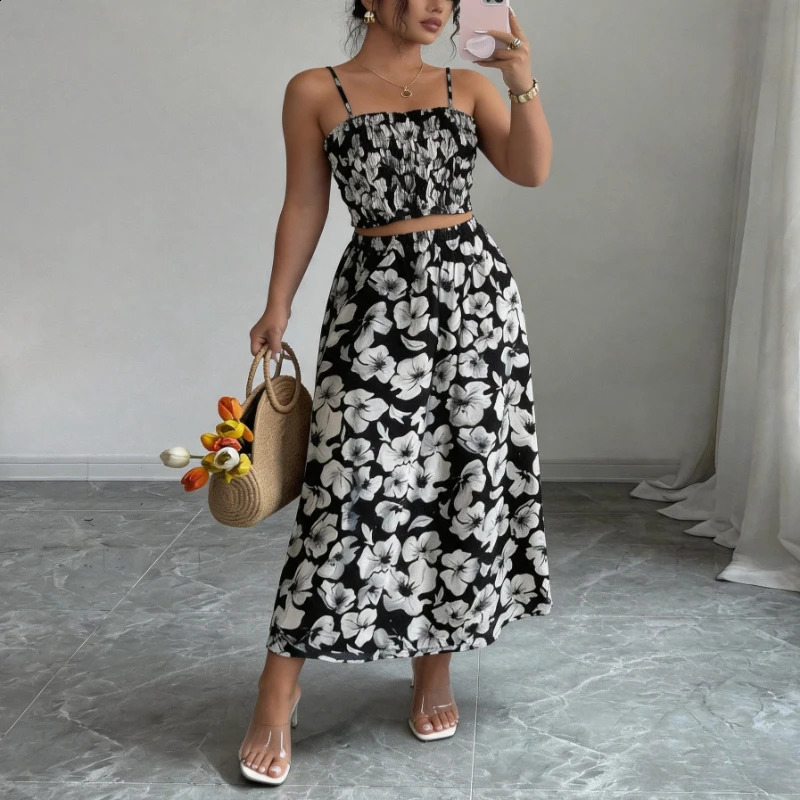 Womens 2 Piece Floral Print Outfit Spaghetti Strap Ruffle Crop Top High Waist Flowy Midi Skirt Summer Beach Vacation Casual Set 260625 - view 6
