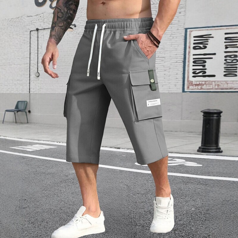 Jorts Cargo Shorts Summer Men Solid Color Drawstring Loose Straight Cropped Shorts European Size Multi Pocket Trendy Casual Workwear 7 Length Shorts F