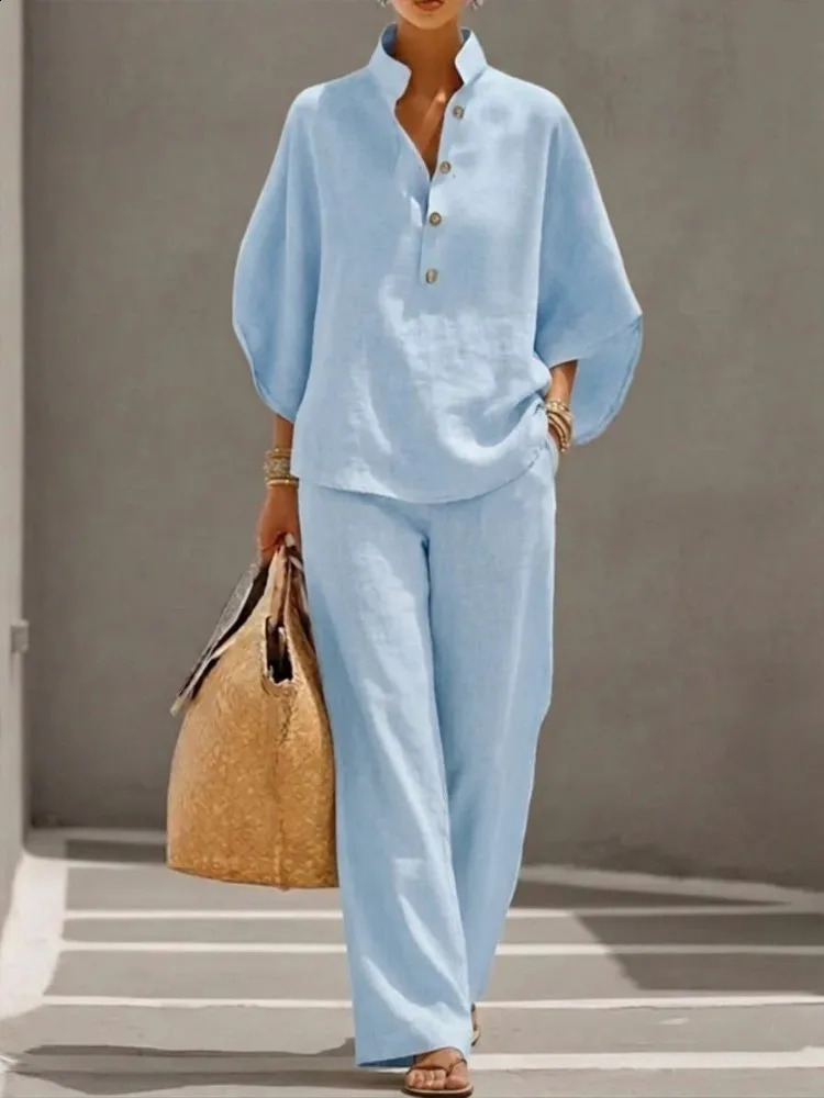 2026 Summer Fashion Womens Cotton and Hemp Two Piece Set Single Breasted Half Open Sleeved Top Pants Commuter 260626 - view 4
