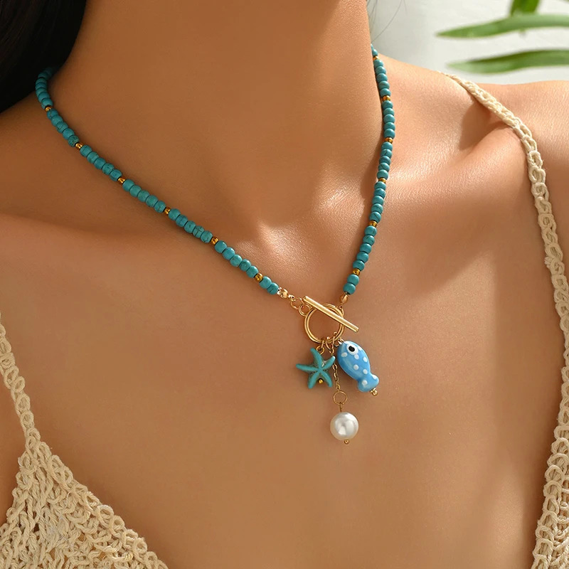 Bohemia Colorful Ceramic Fish Pendant Necklace for Women Handmade Beaded Pearl Starfish Necklace Summer Vacation Jewelry 260626 - view 4