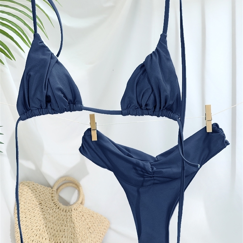 Sexy Folds Bikini Set Solid Micro Bikinis Women Swimsuit Female Triangle Swimwear Beach Wear Bathing Suit 260622CJ