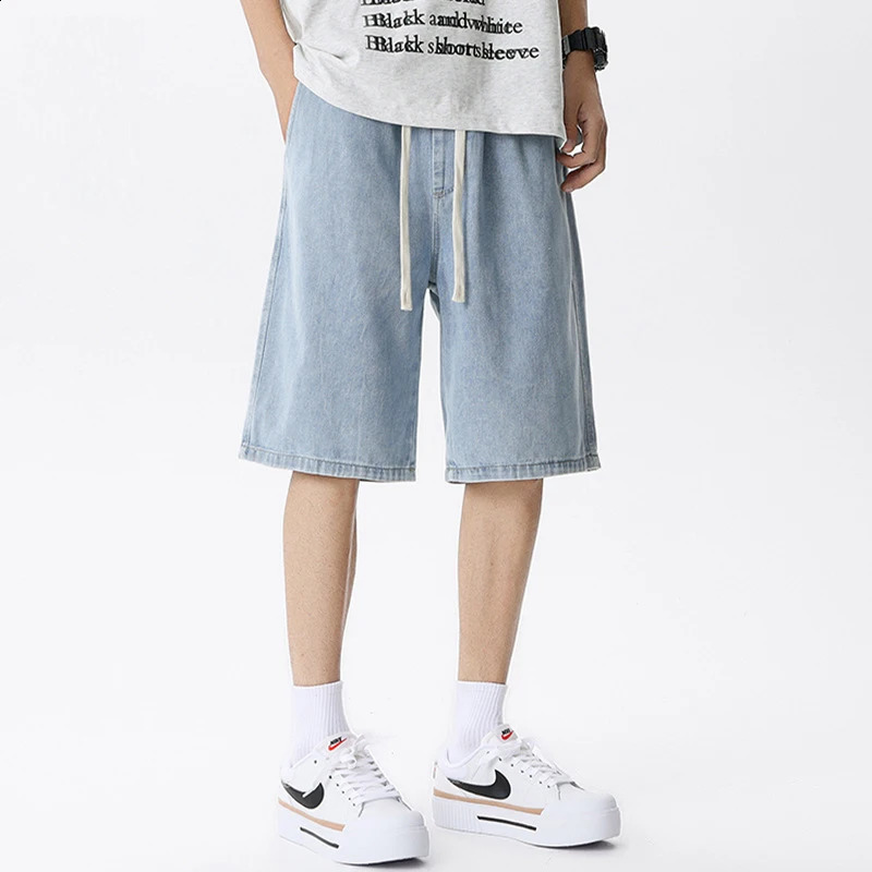WHXR Man Shorts Summer Thin Elastic Waist Drawstring Men Denim American Loose Straight Blue Casual Male Jeans Short 260625 - view 1