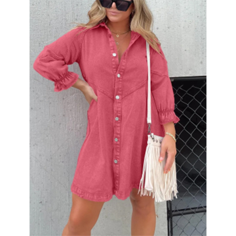 2023 New Hot-Selling Washed Shirt Denim Skirt Lantern Sleeve Loose Dress for Women - view 8