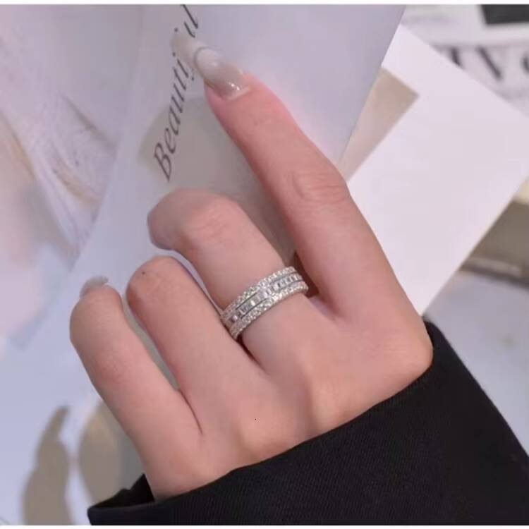 OEM Three-Row Iced Out 925 Sterling Silver Fine Tennis Ring Simple Round Luxury Wedding Moissanite Promise Girls Moissanite Finger Rings - view 3