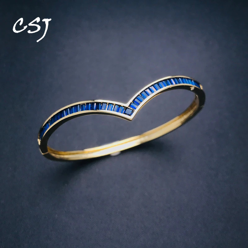CSJ Sapphire Bangle Created Blue Corundum Ruby Emerald Bracelet Yellow Gold for Women Lady Party Birthday Trendy Jewelry Gift 260626
