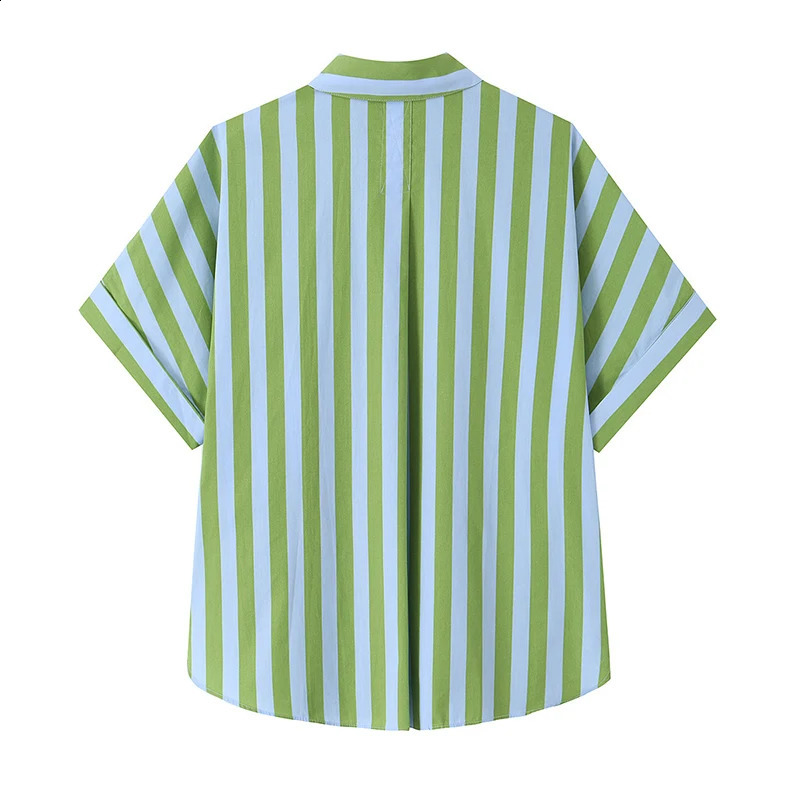 Willshela Women Fashion Green Striped Single Breasted Blouse Vintage Lapel Neck Short Sleeves Female Chic Lady Shirts 260626 - view 3