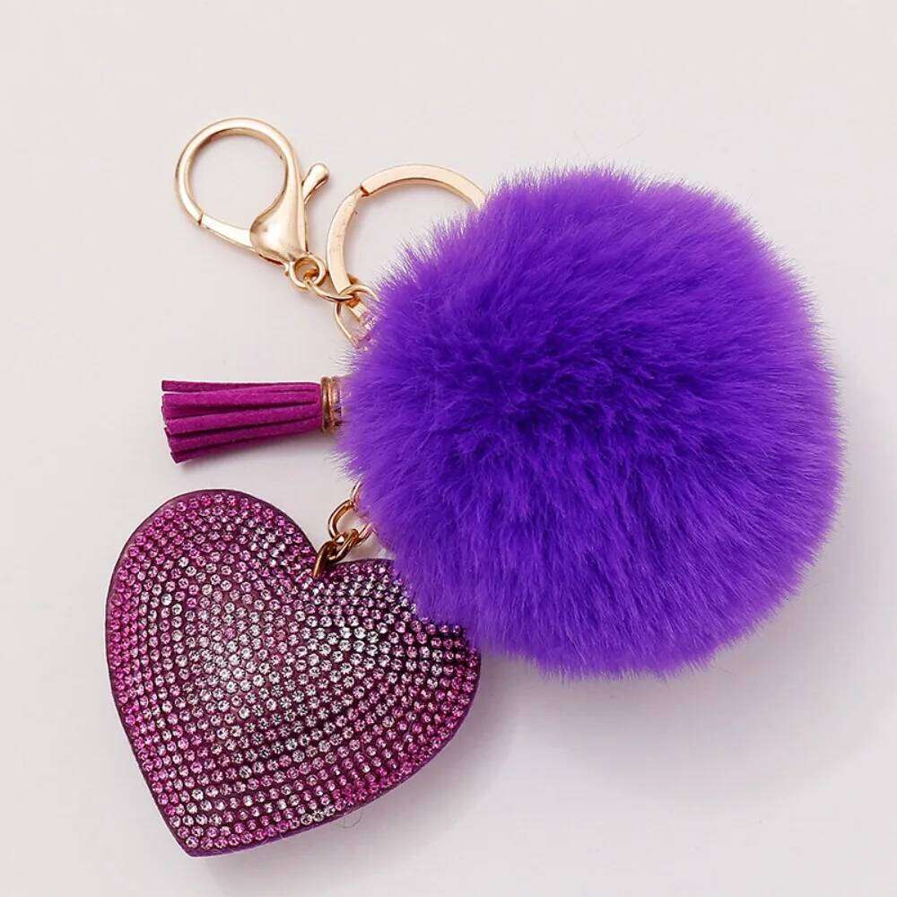 Fashion Fluffy Plush Ball Faux Fur Pompom Rhinestone Heart Bag Pendant Solid Color Key Ring Alloy Furball Keychain 26Y0626 - view 5