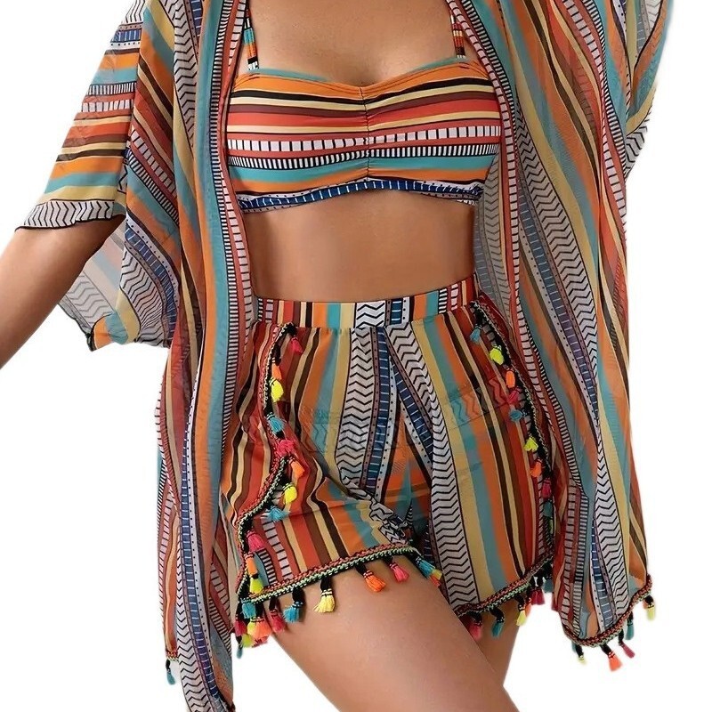 European, American, and Middle Eastern cross-border Amazon sun protection cover-up sexy tassel bikini four-piece swimsuit set - view 6