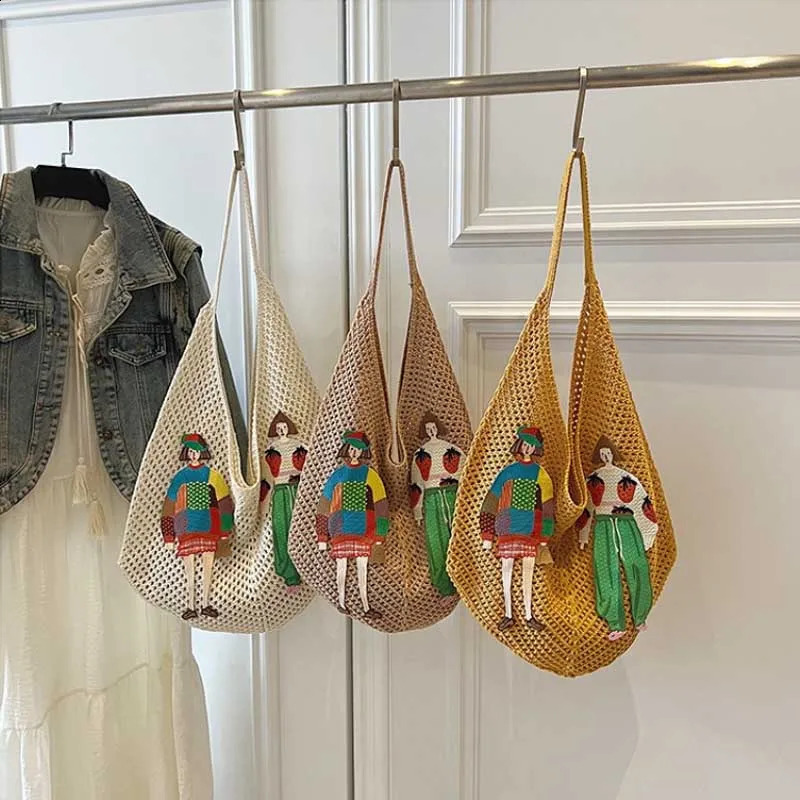 Hollow Mesh Knitted Shoulder Bag Beach Vacation Slouchy Chic Cartoon Tote Bag Lightweight Laid-Back Casual Woven Women Handbag 260626 - view 3