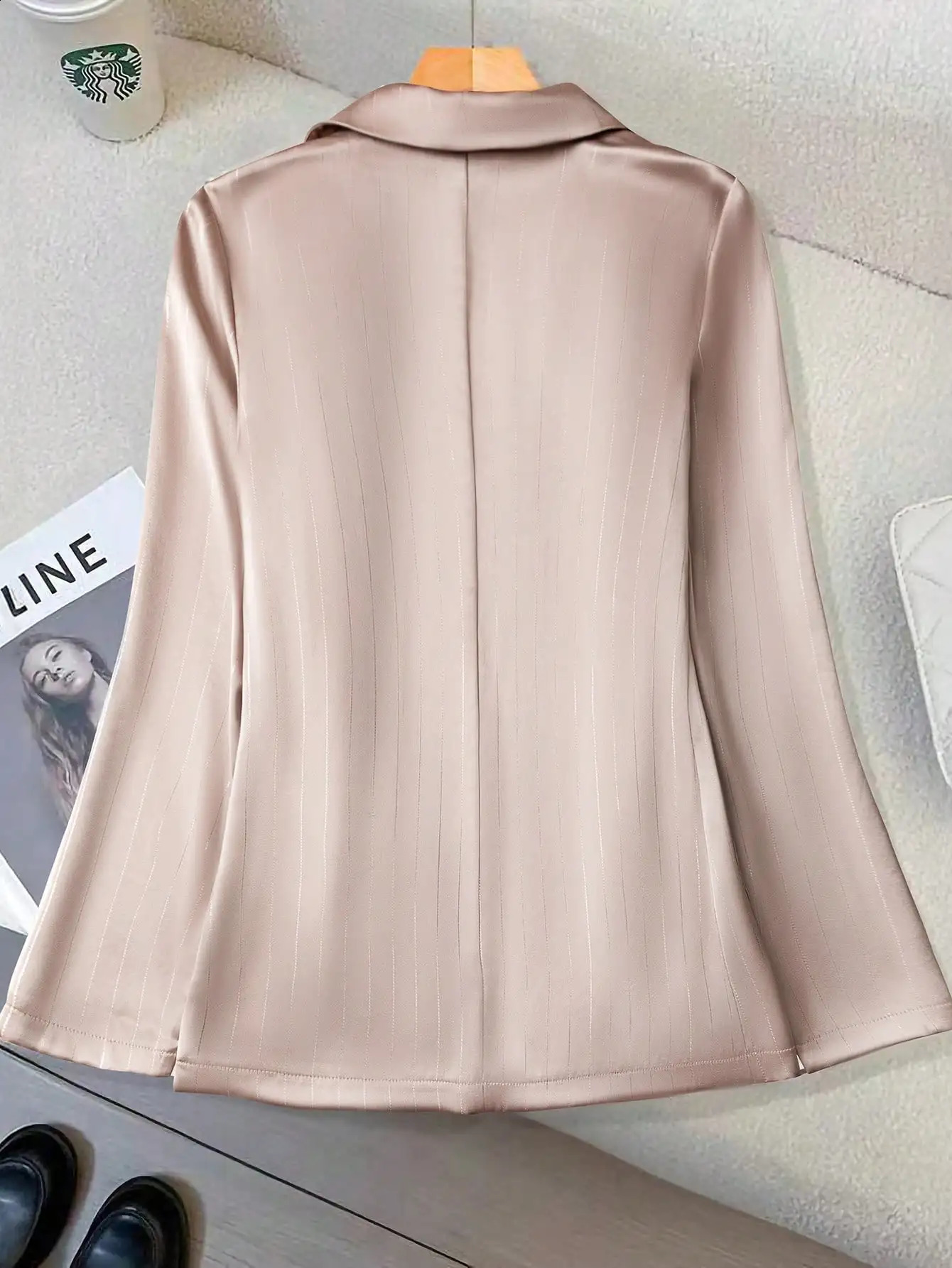 Womens Highend Satin Long Sleeve Blazer French Style Elegant Champagne Gold Temperament Coat 260626 - view 3