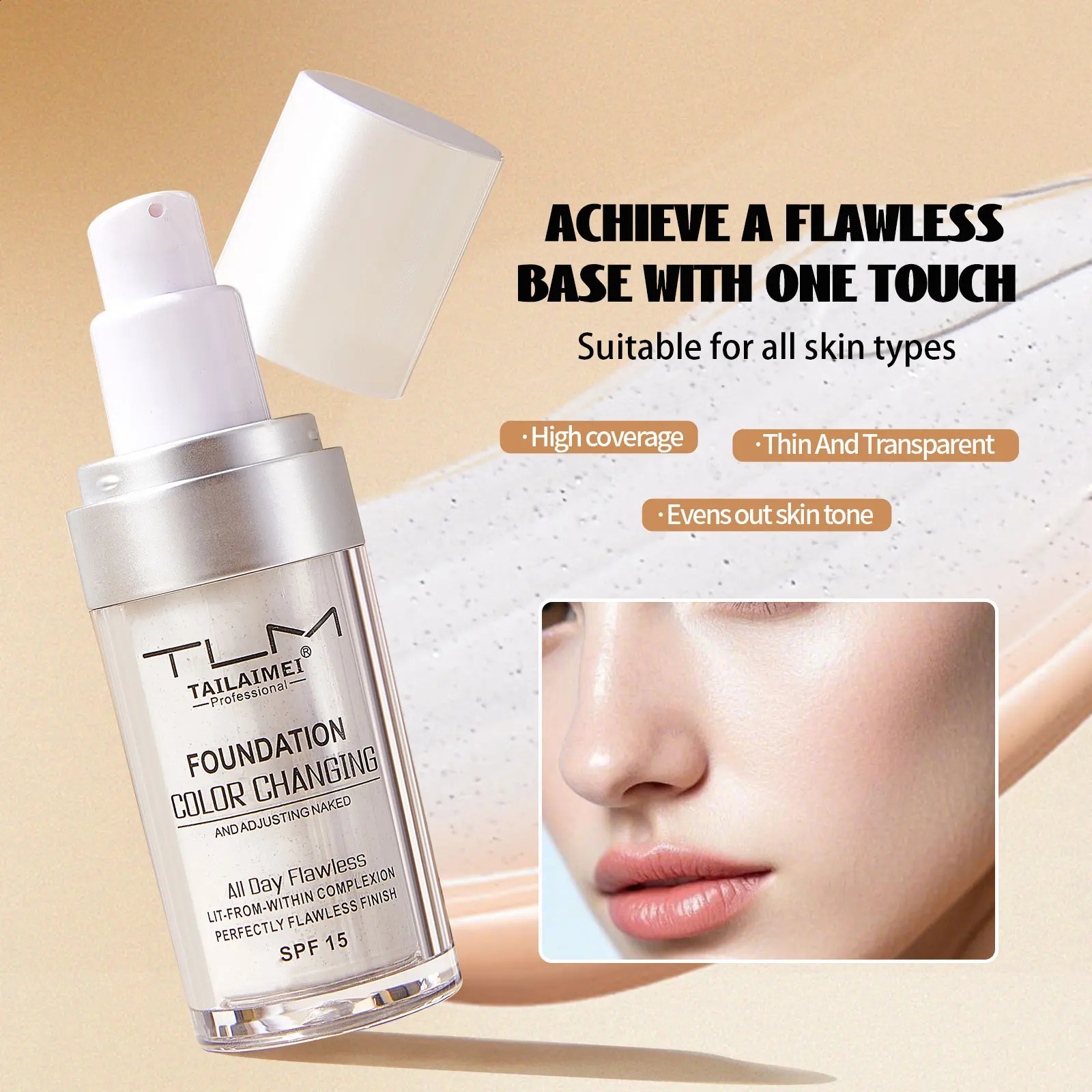 TLM Liquid Foundation Color Changing Concealer Waterproof Natural Brighten Skin Tone Face Cosmetics Makeup for Women Men 30ml 260625 - view 5