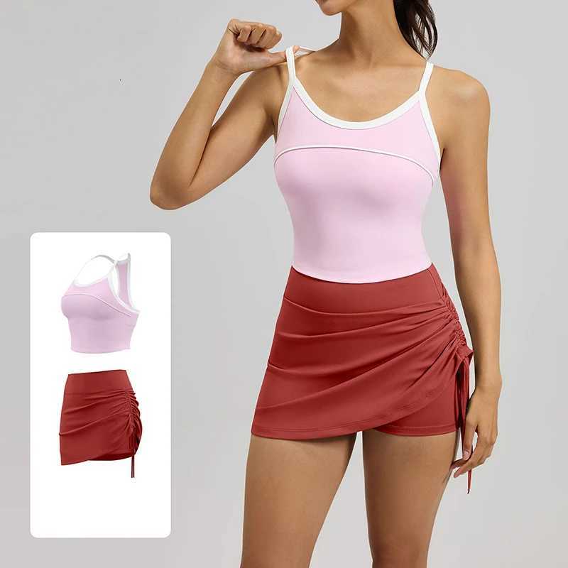 Top 2026 Women Yoga Tank and Skort Activewear Set Built-In Bra Pads Slim Fit High Stretch Running Fitness 2 Piece Yoga Sets M260626 - view 4