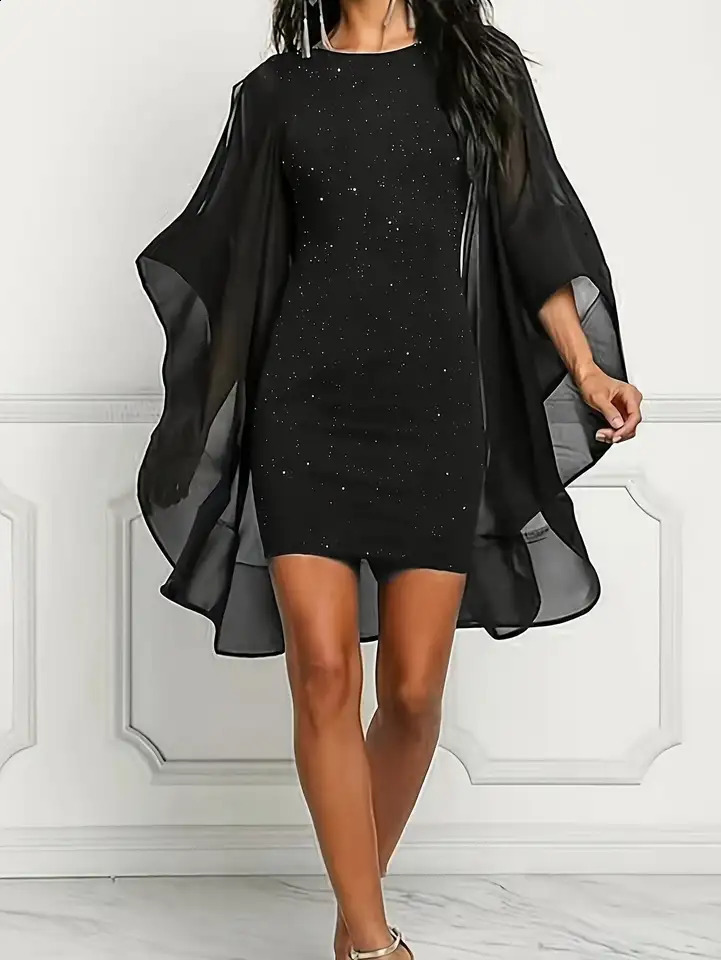 2026 casual and comfortable womens round neck long sleeved hollow out dress short skirt sequin slim fit n 260625 - view 3