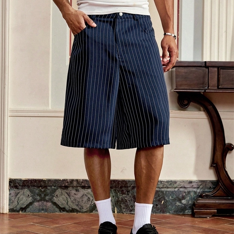 Springsummer striped woven elegant casual streetwear midrise loosefit straight sixinch mens pants y260618