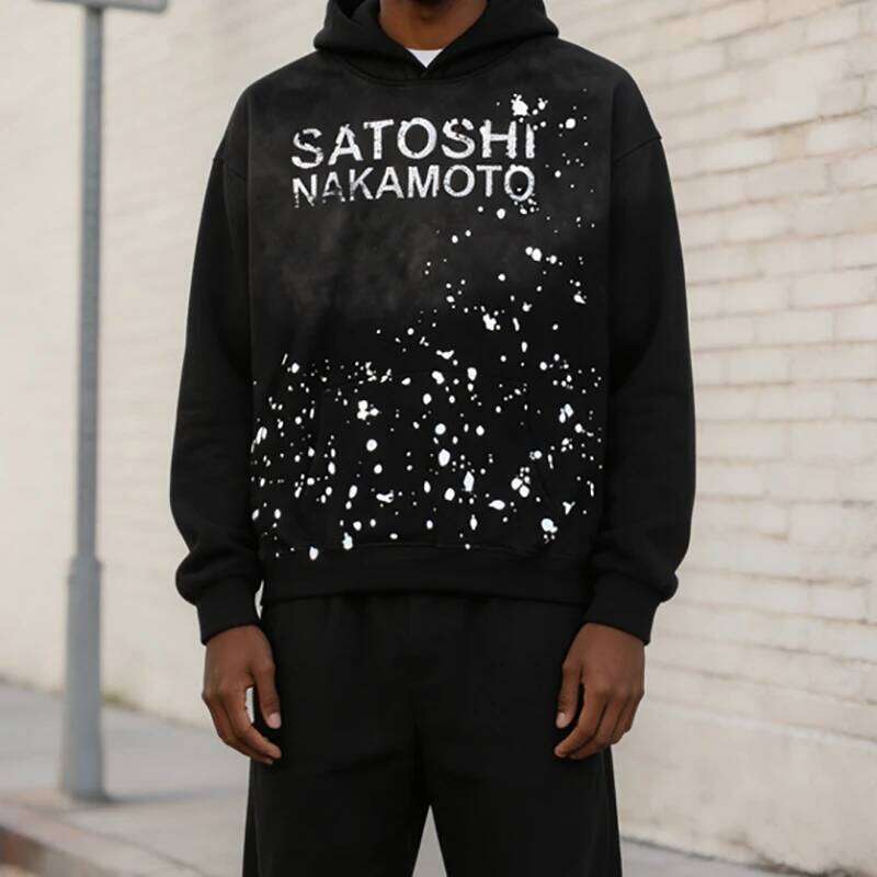 American High Street SATOSHI Hoodie Ink-sprayed Classic Retro Letter Print Washed Pullover Vintage Y2K Men Women Sweatshirts W260626 - view 3