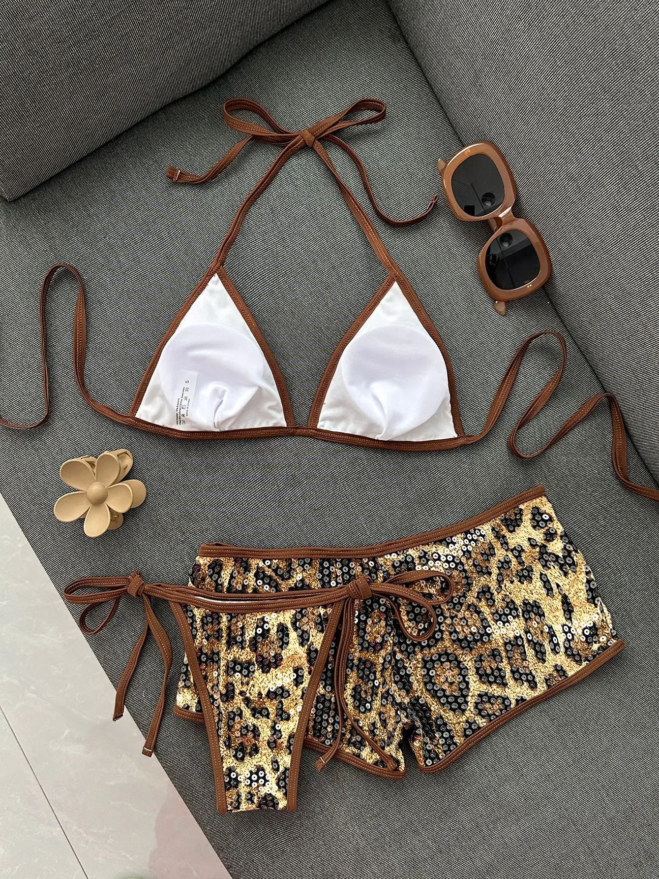 Sexy Sequin Coffee Leopard Print Holiday Bikini Set 2026 Women Summer High Wiast Short 3 Piece Swimsuit Bathing Suit Swimwear 260622 - view 5