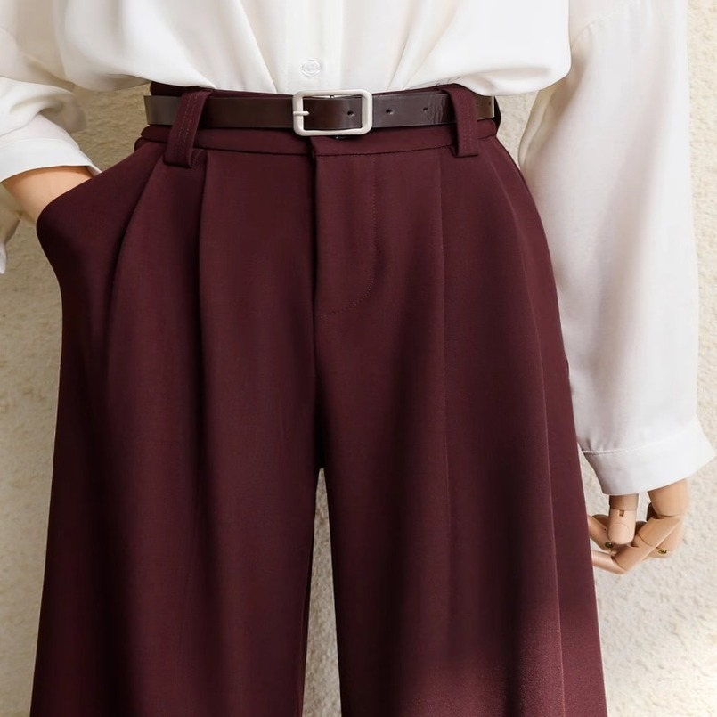 2026 Burgundy Suits Pants for Women Office Lady Elegant High Waist Wide Leg Fashion Trousers with Pockets Black Gray 260625
