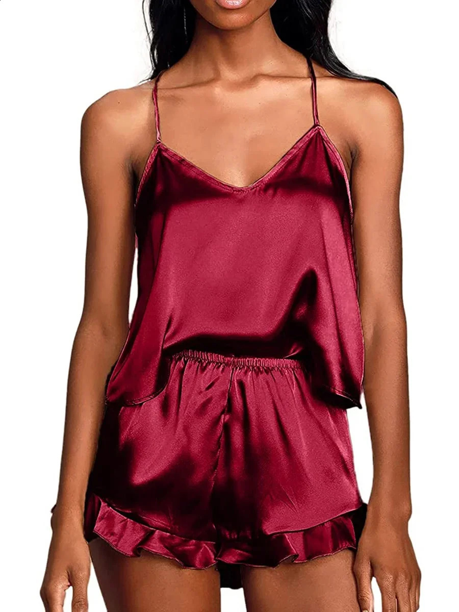 2 Piece Set Nightwear Solid Color Sleeveless Camisole Tops Ruffle Shorts Summer Pajama Set Loungewear 260625 - view 6