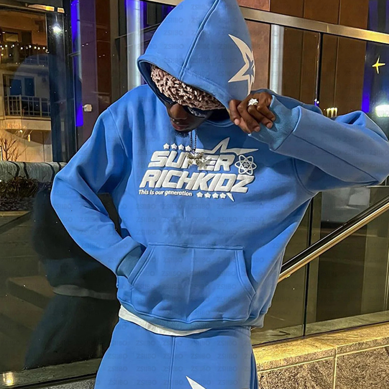 Women's Hooded Sweatshirt Jacket, Preppy Puff-Sleeve Blue Star Graphic Hoodie with Asymmetric Hem, Long-Sleeve Fleece-Cotton Blend, Single-Breasted Ca