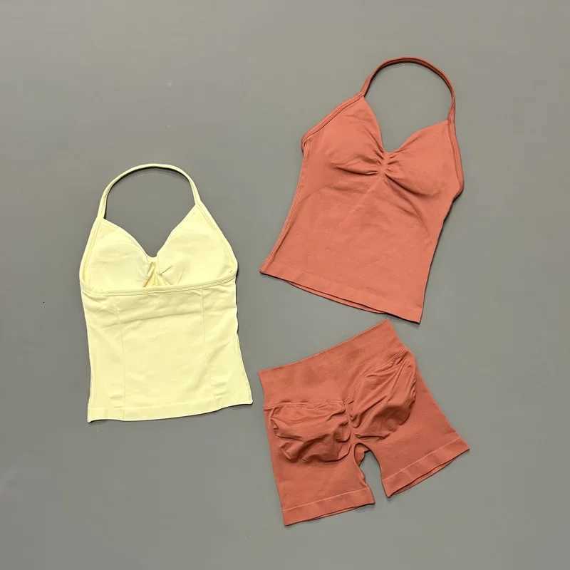 HISTELLO Yoga Set Women 2Pcs Halter Tank Top Scrunch Butt Lifting Shorts Ruched Anti Chafe Quick Dry Gym Workout Sports Set M260626 - view 4