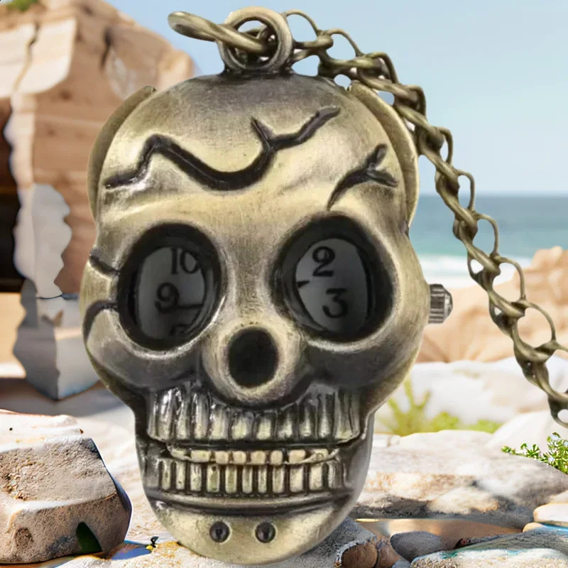 Retro Bronze Steampunk Skull Quartz Pocket Watch Necklace Pendant Clock Chain Men And Women Chain Halloween Gift 260626