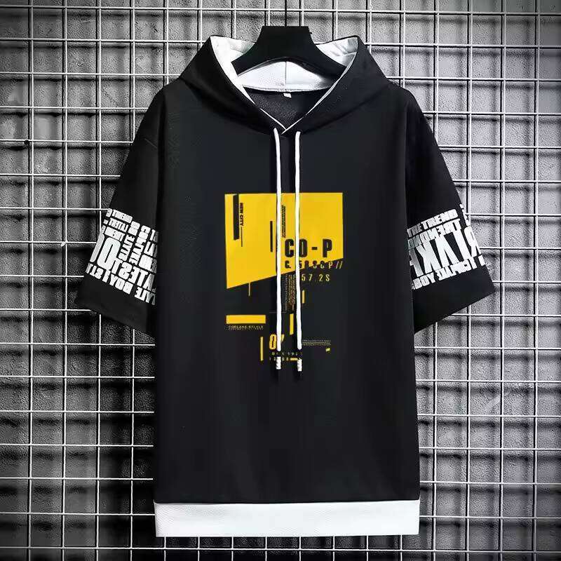New Korean Style Men's Fashion Streetwear Half Sleeve Hooded Sweatshirts Casual Harajuku Prints Men Clothing Hoodies W260626 - view 3
