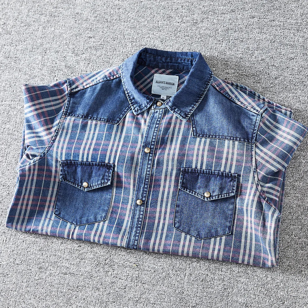 SuperAen Retro Washed Denim Patchwork 2026 Spring Fashion Plaid Casual Long-sleeved Shirt Single Breasted Shirts 260626 - view 3