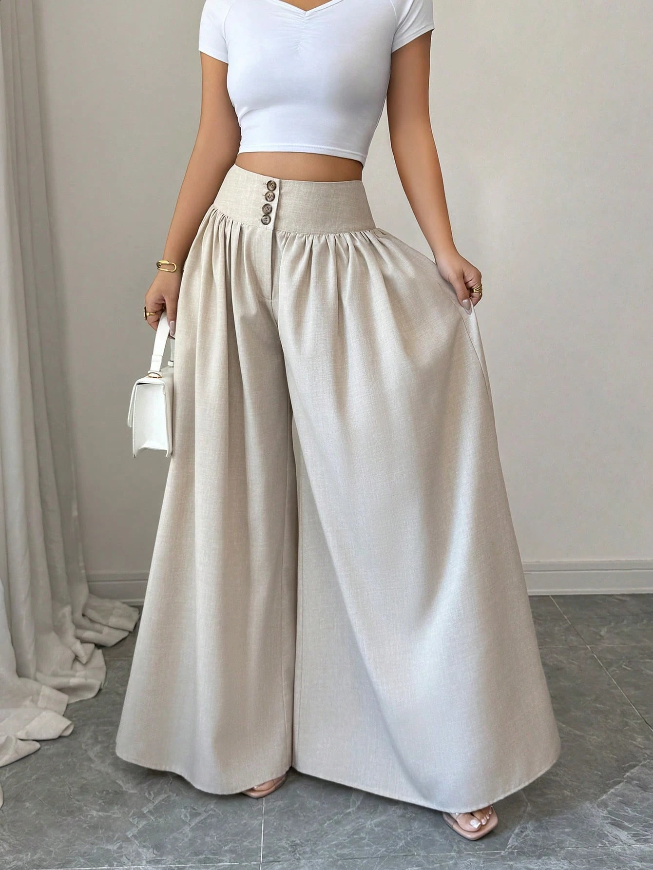 Women Khaki High Waist Wide Leg Pants Button Detail Pleated Front Loose Fit Casual Trousers Office Vacation Spring Summer 260625 - view 4