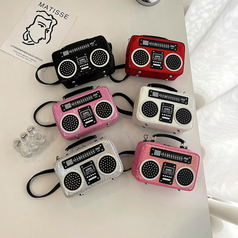 Trend Radio Shape PU Crossbody Bag Retro Sequin Box Handbag Hip Hop Party Shoulder Purse, Vintage Cassette Speaker Pattern, Evening Dating Handheld Ba - view 5