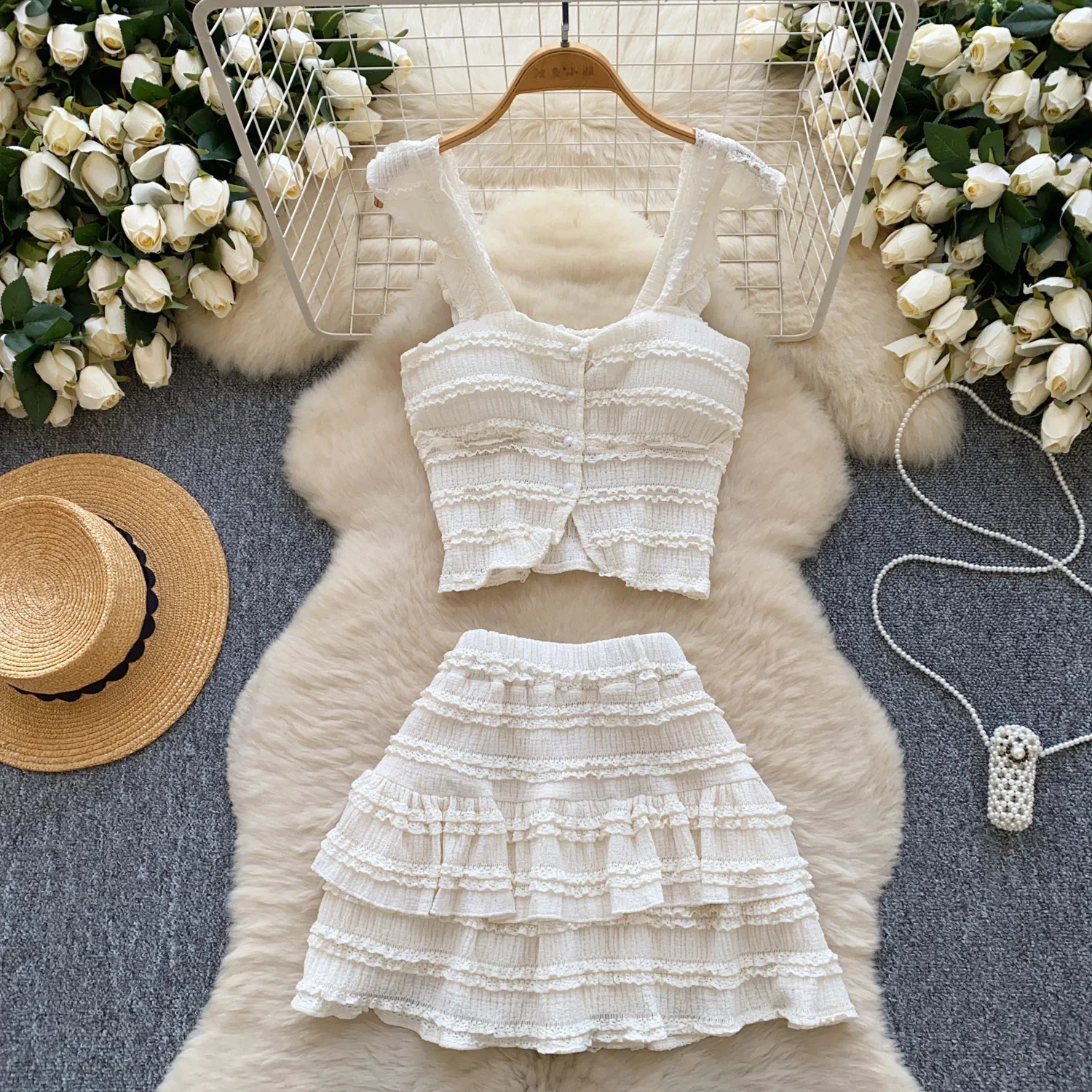 Summer Beachwear sweet Women Suits Strapless Edible Tree Fungus Chic TopsElastic Waist MIni Skirt Vacation Casual Sets 260625 - view 4