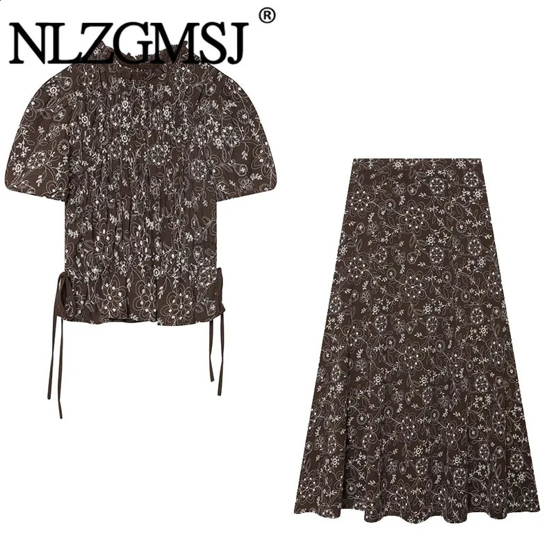 Nlzgmsj 2026 Summer Women Floral Embroidered Two Piece Set Short Puff Sleeve Smocked Top And High Waist A Line Midi Skirt 260625