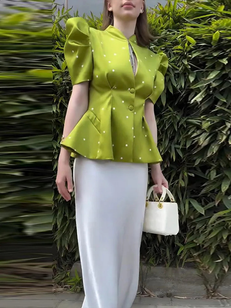 Floral Print Pleated Waist Peplum Blazer Slim Puff Short Sleeve 2026 Summer Fresh Women Suit Top Versatile Gentle Lady Tee 260626 - view 6