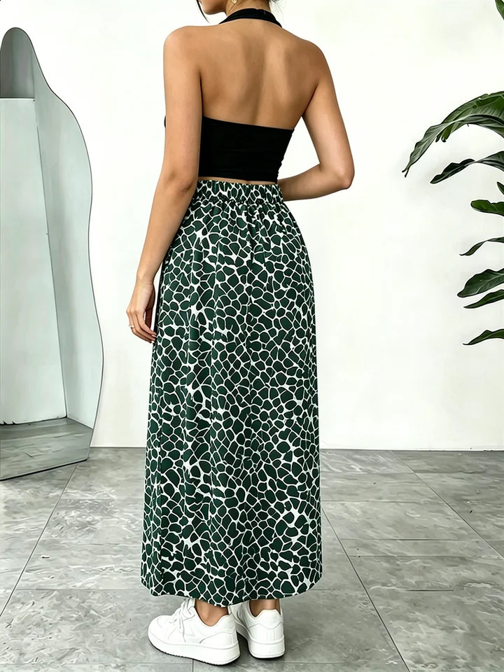 Womens clothing set solid color hanging neck backless vest topelastic waist geometric printed half skirt long 260626 - view 3