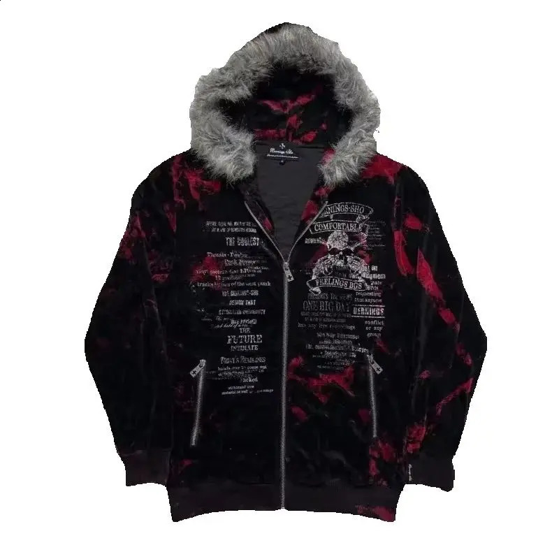 Gothic geometric print red gradient zipper hoodie women fashion high street fur collar loose sweatshirt for men and women 260626 - view 6